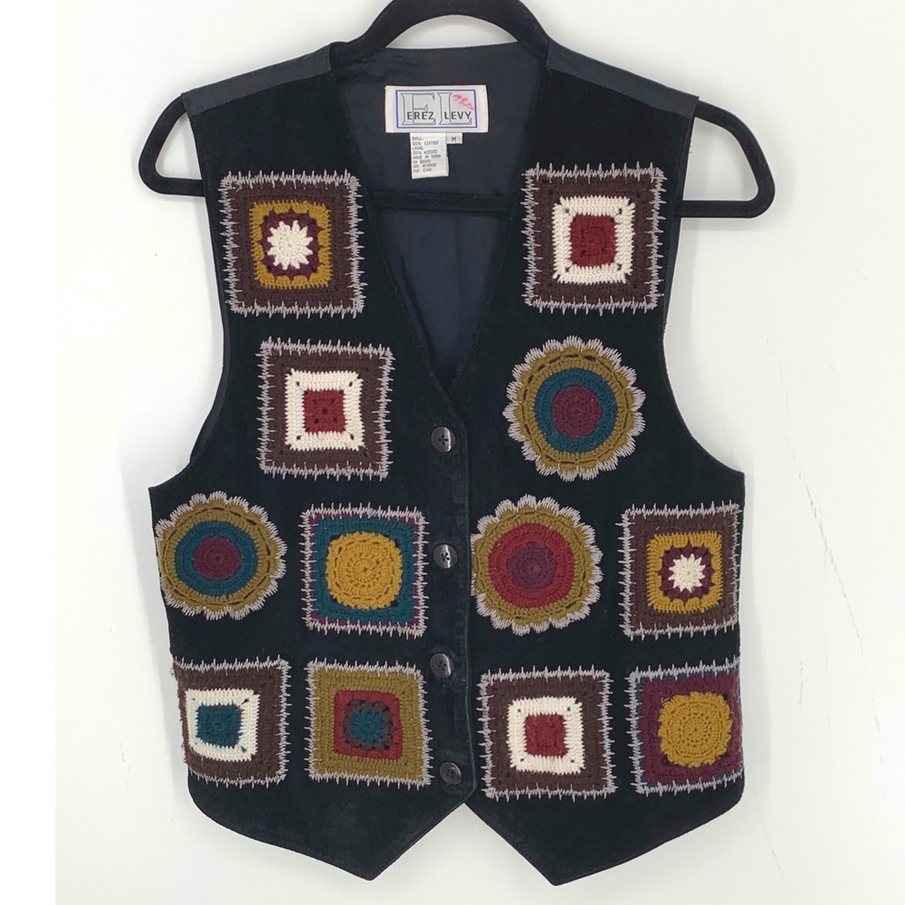 Erez Levy Vintage Leather Crochet Granny Square Vest Medium